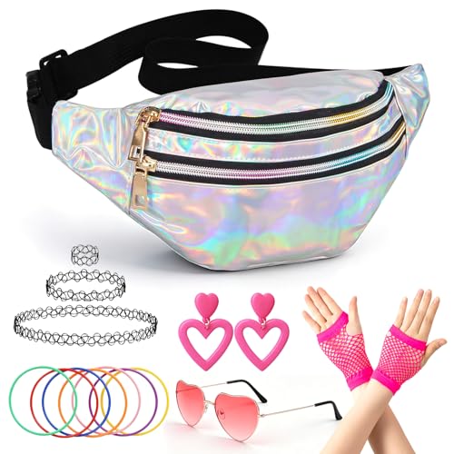BORISCA 19 StüCk 90er Jahre Accessoires Set 80er Party Accessoires Damen Inklusive GüRteltasche Herzbrille Tattoo-Halskette Festival Outfit Damen 90er