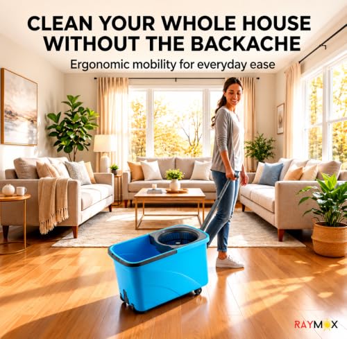 Image of RAYMOX Spin Mop for Home Cleaning Floor with Bucket Set | 360 Magic Mop with Easy Wheels, Drain Outlet & Microfiber Head | Pocha Machine for Floor Cleaning - ( Plastic Wringer)