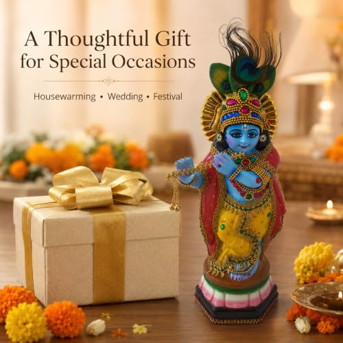 Image of Krishna Statue showpiece for Home Pooja Room Decoration Item | krishna hindu god idol gift items for house warming ceremony living room decor item (polymarble,multicolor,34*13*10 cm)