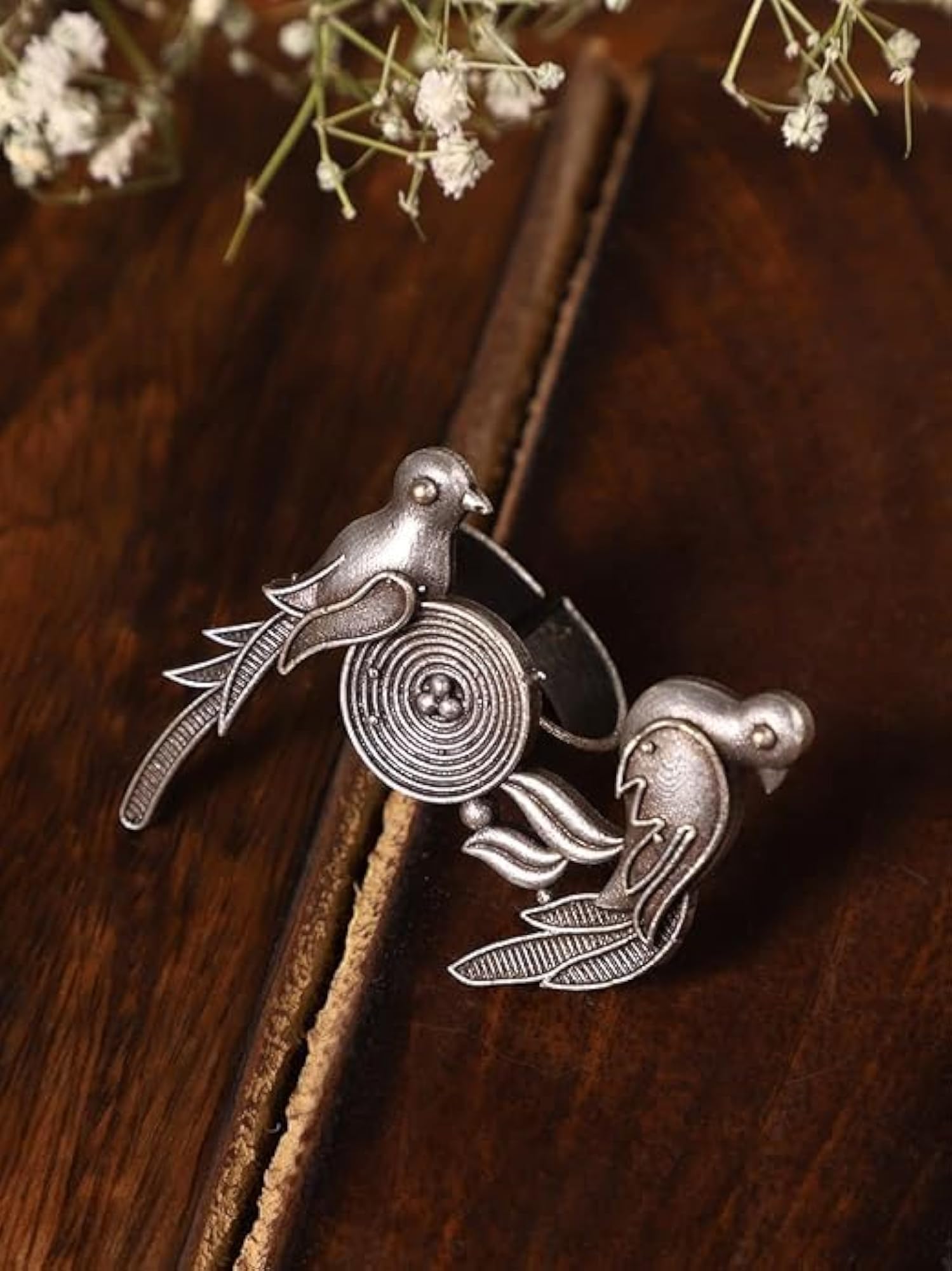 Women's Adjustable Oxidised German Silver Peacock Cocktail Ring