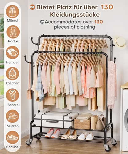Yorbay Kleiderständer auf Rollen Garderobenständer aus Metall: 2 Kleiderstange 4 Haken 2 Lagen Staufächer bis 120 kg Belastbar - Stabil Clothes Rack für Schlafzimmer Ankleidezimmer