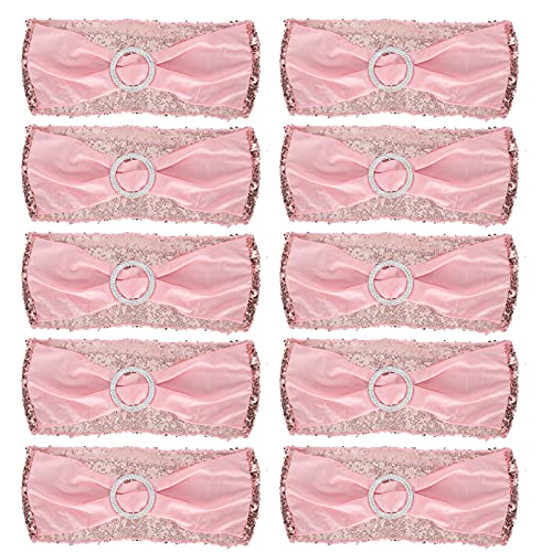 Baxnore Cinturones Elásticos para Sillas 10 Piezas Cintas Ajustables para Sillas de Fiesta Correas Decorativas de Tela Premium para Bodas Banquetes Cumpleaños Diseño Elegante Brill (Oro rosa)