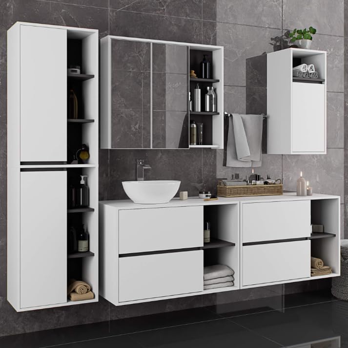 BDW - Szafka z lustrem łazienkowa - Wisząca szafka na ścianę, 6 półek, płyta laminowana, Kolor frontu: Biały, Wnętrze: Grafit Szary, 90(W) x75(SZ) x15(D) cm, Vami