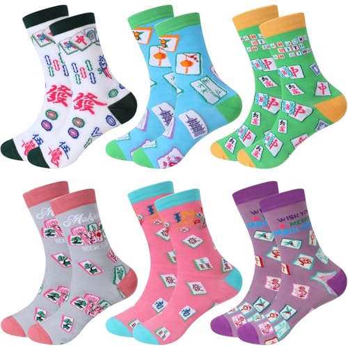 Newcotte 6 Pairs Fruit/Mahjong/Food Socks Gifts Bulk for Women Cotton Crew Knit Socks Funny Birthday Gifts for Men Women(Mahjong)