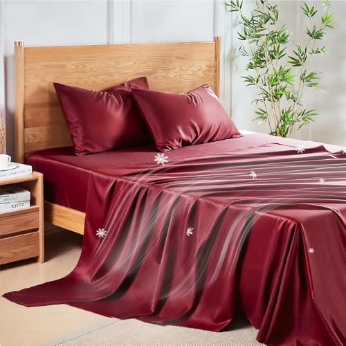 MR&HM Queen Sheet Set, 4-Piece Cooling Sheets, Rayon Derived from Bamboo & Polyester Blend, Soft & Silky, 15" Deep Pockets with Elastic Straps, Hotel Luxury for Hot Sleepers, Burgundy