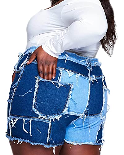 Pesion Women's Frayed Raw Hem Denim Paneled Shorts Drawstring Mid Waisted Jean Shorts With Pockets #TOP4