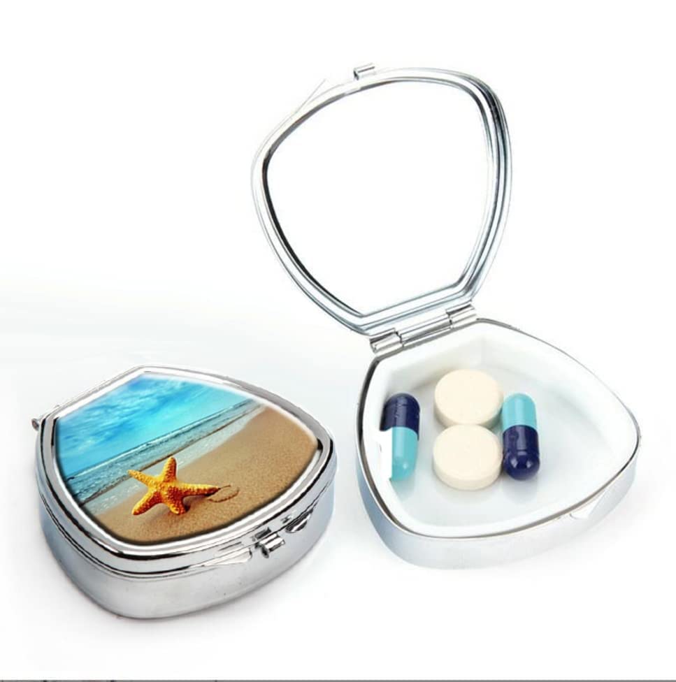 Pill Box,Base Starfish On The Beach Pill Case for Purse Pocket Pill Organizer Decorative Boxes Silver Single Compartment Travel Medicine Tablet
