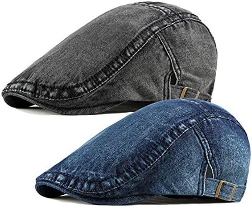 2 Pack Mens Denim Cotton Newsboy Cap Ivy Gatsby Driving Hunting Cabbie Hats (2 Pack-C)