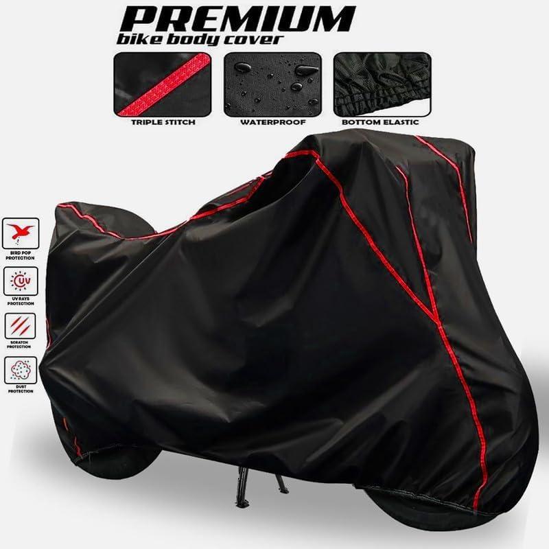 Image of Waterproof Bike Cover Compatible with Honda H''Ness CB 350 All-Weather Proof Triple-Stitched Durable Design Windproof Elastic Bottom | UV Protection & Dust Proof Black and Red Piping