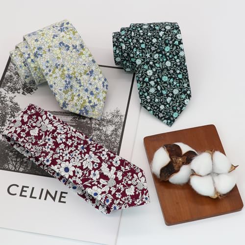 Image of Luckyvestir Ties for Men, Sage Green Cotton Floral Tie 2.76 inch Flower Printed Men's Neckties for Wedding /Groomsmen /Suit /Party
