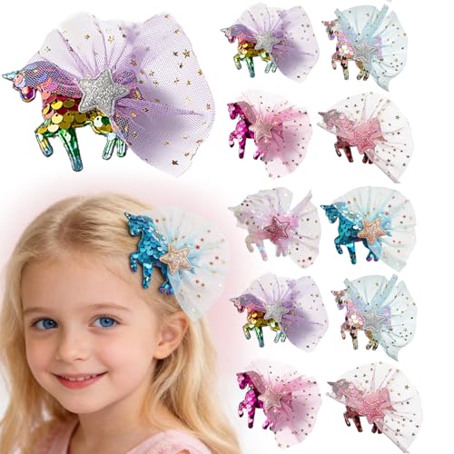 Unicorn Hair Clips for Girls 12pcs with Mesh and Glitter, Cute Sp...