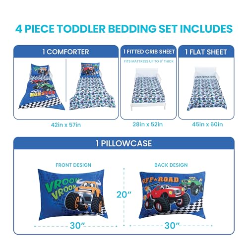 Image of Todays Kids Monster Trucks Toddler Bedding Set for Boys - 4-Piece Toddler Bed Comforter Sets for Boys, Reversible Comforter & Pillowcase, Flat Sheet, Fitted Sheet, Breathable & Super Soft Microfiber