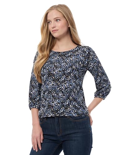 Jones New York Printed Moss Crepe Crewneck with 3Q Puff, Blue Horizon Multi3