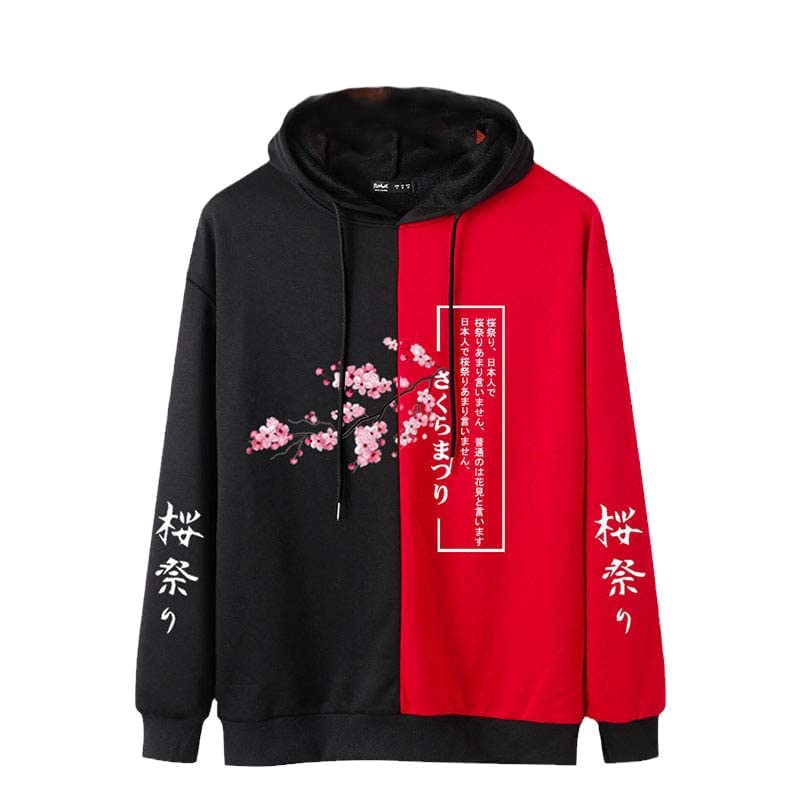 USTZFTBCL Men's Pullover Hoodies Cherry Blossom Sweatshirts Japanese 3D Print Two Tone Patchwork Hoodies