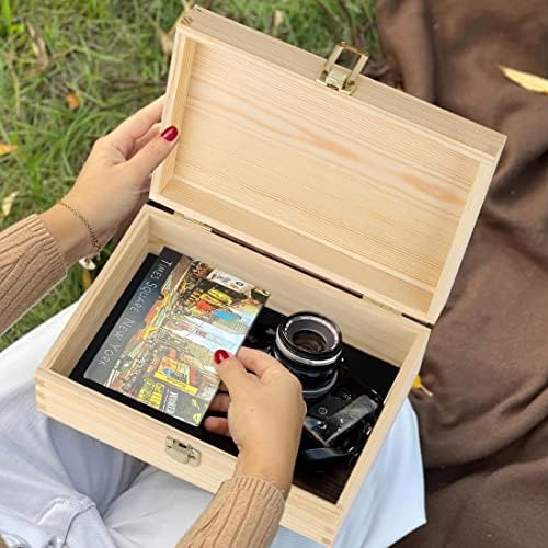 SKYFOOST Wood Storage Box Container with Hinged Lid and Front Clasp, 8.6'' x 6'' x 3'' Personalized Memory Box Gift, Rustic Wood Boxes for Crafts DIY Storage Hobbies and Home Decoration