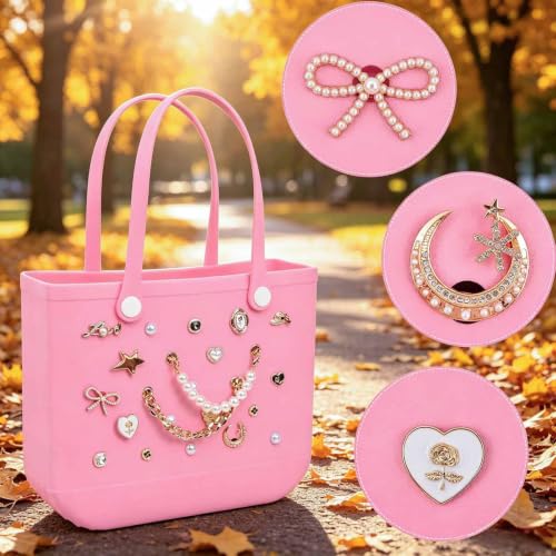 Image of yuboo Charms for Bogg Bag, 26Pcs Accessories Butterfly Bow Pearl Chain DIY Cute Decoration Bag Charm for Bogg Bag Rubber Tote Fall Bags Decoration Charms for Girls Women