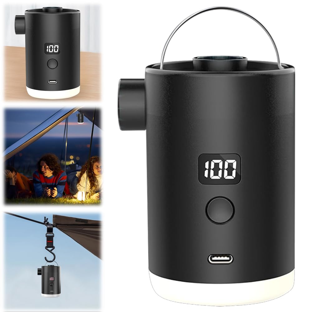 Kompaktowa pompka do materaca dmuchanego z latarnią LED i wyświetlaczem, ładowana przez USB, 4000 mAh, na kemping i zabawki na basen