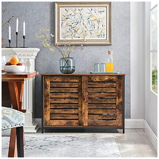 VASAGLE Lowell Sideboard, Kitchen Cabinet with Shutter Sliding Doors, Floor Storage Cupboard, Living Room, Hallway, 13.8" D x 39.4" W x 27.6" H, Rustic Brown - Image 3