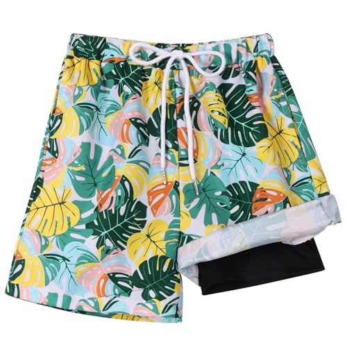 Hotfiary Traje de baño para niños, de secado rápido, con forro de compresión, 2 en 1, con bolsillos, para verano, playa, surf, 4-16 años, Hojas verdes y amarillas, 8-9 Años