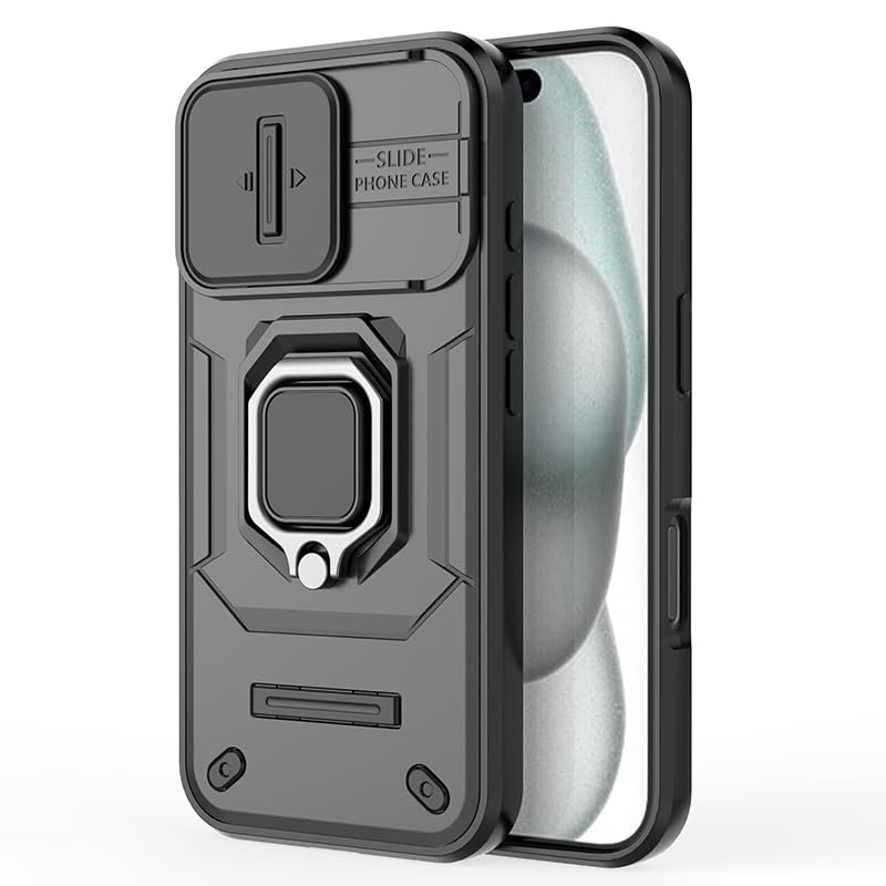 Image of TPU+PC Camshield Pro Case With Slide Camera Protection And Ring Stand Bumper Back Case Cover For iPhone 16 (Black)