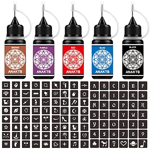 Temporary Tattoo Kit, Freehand Ink Semi Permanent Tattoo, 5 Colors and 114Pcs Adhesive Stencils, DIY Tattoos Inkbox for Women Kids Men Body Markers - Full Kit 5 Bottles (Black/Brown/Red/Blue/Purple)
