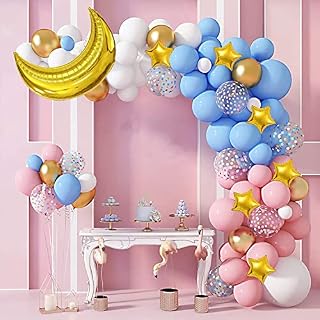 126 Pcs Pink Blue Balloon Garland Arch Kit, Gold Foil Moon and Stars Confetti Latex Metallic Balloons for Boy Girl Gender Reveal Baby Shower Birthday Wedding Party Decorations Supplies