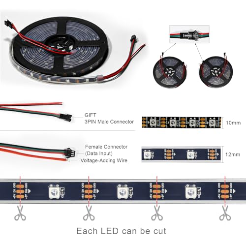 Image of WS2812B IC RGB LED Strip Light 150 LEDs 16.4FT /5M 30Pixels /M Addressable 5050SMD Flexible Lamp IP67 Black FPCB, Dream Color DC5V (Power Supply & Controller Not Included)
