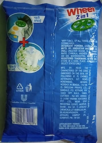 Wheel Active 2 in 1 Detergent Powder - Clean and Fresh (Blue), Pack of 1kg Pouch