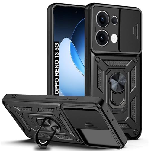 Image of AESTMO Tough Armor Oppo Reno13 5G Bumper Back Case Cover | Ring Holder & Sliding Camera Cover | 360 Degree Protection Back Case Cover for Oppo Reno13 5G (Black)