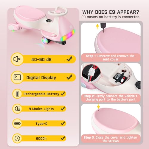 FanttikRide 12V N7 Ultra Electric Wiggle Car with Pedal, Kids Car, MagicMute Motor Swing Car, 2 Speeds, 9 Color Modes, Digital Display, Bluetooth, for Ages 3 and Up, 150 Lbs, Pinkish White