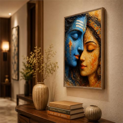 Image of Livin'luxe Shiv Parvati Face Wall Painting for Living Room Bedroom Hall Office Decor, Devotional Artwork with Sparkle Laminate and Premium Wooden Synthetic Frame (25.5 x 37.5 Inch) NXL01-4112