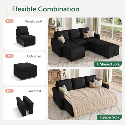 Image of HONBAY Modular Sectional Couch Sleeper Sofa Bed with Storage Seats Oversized Sectional Couches for Living Room,Black