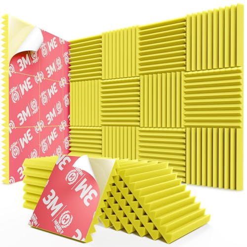 12 Pack Sound Proof Foam Panels for Walls,Self-Adhesive Foam Acoustic Panels Sound Absorbing,High Density Quick-Recovery Soundproof Wall Panels 12" X 12" X 1"-Yellow