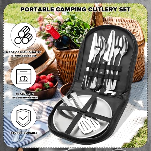 NCTNCX Camping Geschirr Set 4 Personen, 22 Stück Outdoor Geschirr, Besteck Camping mit Löffel, Gabel, Messer, Teller-Clip, Putztücher für Picknick, Reisen (22)