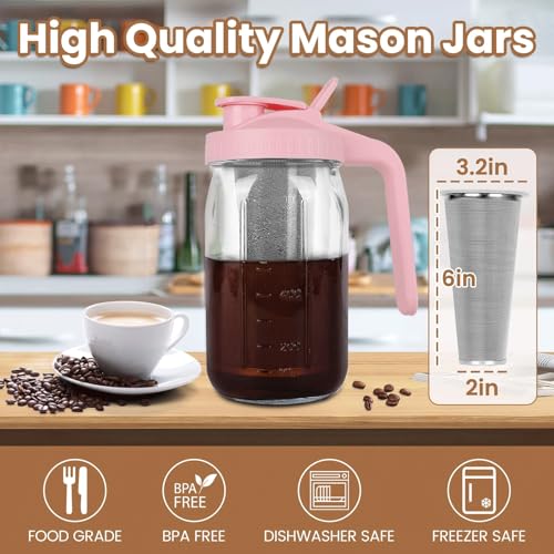 Image of Cold Brew Coffee Maker,32 oz Mason Jar Pitcher with Stainless Steel Filter, Pour Spout Handle Lid, Heavy Duty Glass Airtight & Leak-Proof Pitcher for iced coffee Tea Lemonade-Pink