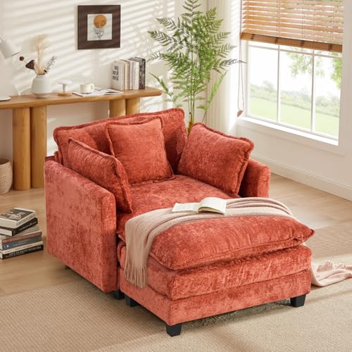 Chenille Modular Single Sofa with Ottoman, Cloud Couch with Pillow,Orange