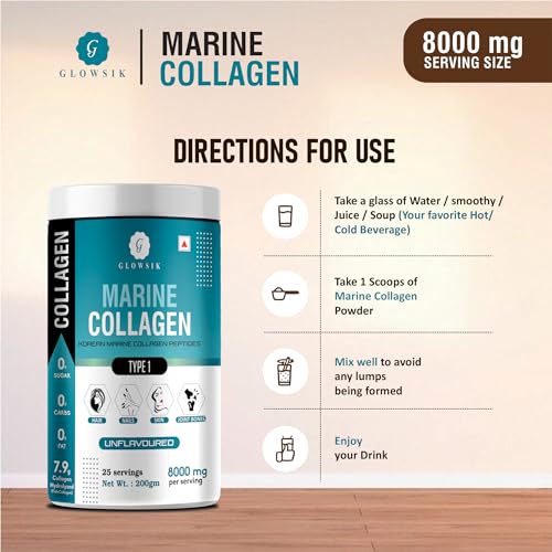 Image of Glowsik Korean Marine Collagen Powder Type 1 Hydrolyzed for Glow Healthy Skin, Hair Collagen Peptides Supplement for Women & Men (Unflavoured - 400 g)