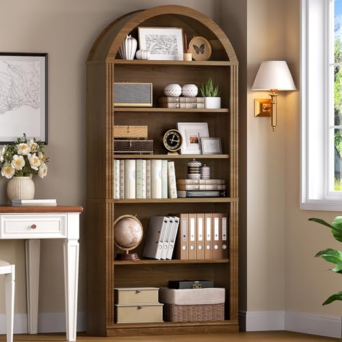RALGEND Bibliothèque voûtée 75.8" 6 étages, style ferme, noyer