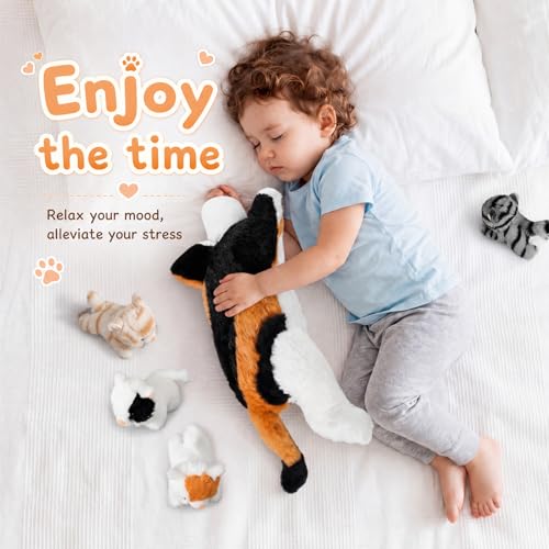 Image of Skylety 5 Pieces Cat Stuffed Animal with Babies Inside Belly Plush Cat Pregnant Mommy Kitty with 4 Cute Fluffy Stuffed Kittens Christmas Birthday Surprise Gifts(White, Yellow, Black)