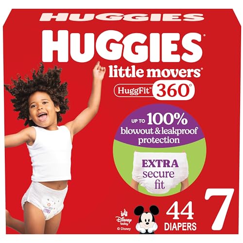 Huggies Size 7 Baby Diapers Little Movers HuggFit 360 Baby Diapers with 360 Waistband Size 7 (41+ lbs) 44 Count Packaging May Vary