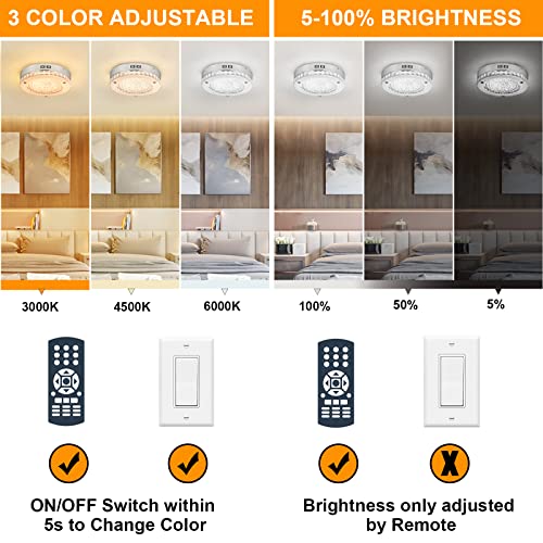 Depuley 18W Dimmable LED Crystal Ceiling Light with Remote - 11-Inch, 3000K-6000K for Kitchen, Bedroom, Hallway, 1440LM