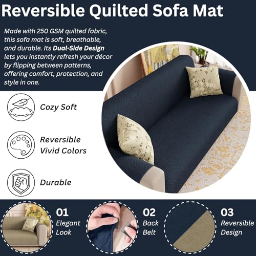 Image of Lukzer 1 Seater Reversible Quilted Sofa Mat - Dot Frame Pattern | Blue | 250 GSM Polyester Sofa Runner with Arms & Deep Storage Pocket | Machine Washable Sofa Cover with Elastic Belt (SC-211-01)