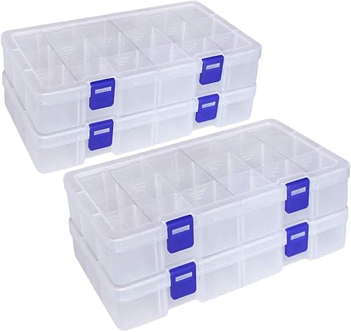 Qualsen Paquete de 4 cajas organizadoras de plástico de 18 rejillas con divisores ajustables, caja organizadora de cuentas para joyas, cuentas,