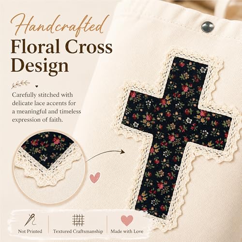 Image of Christian Tote Bag Gift for Women, Canvas Bible Bag Handmade Floral Cross | Christian faith-inspired gift, handcrafted cross with lace, inner pocket, snap closure, bottom gusset, church Bible study use