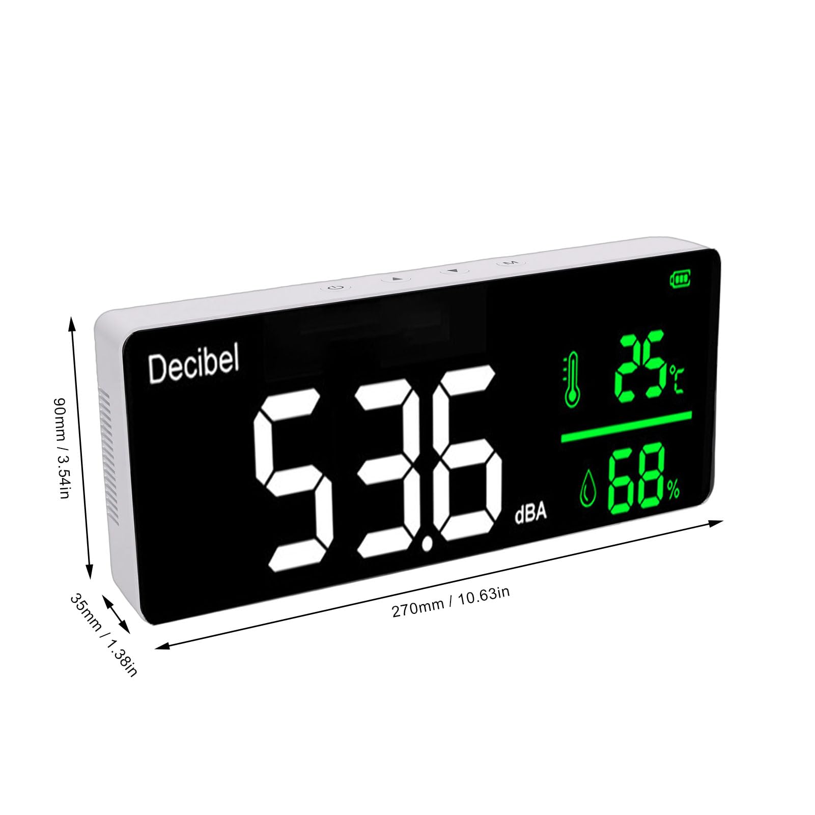 Medidor de nivel de sonido de alta precisión para colgar en la pared, 30-130 dB, pantalla LED de 11 pulgadas, medidor de temperatura de ruido y humedad para aulas, obras