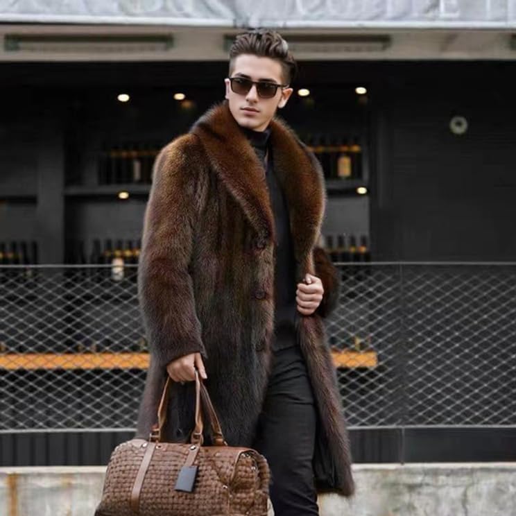 Men's Fashion Brown Shaggy Faux Fur Collar Coat Long Sleeve Long Length Brown Fluffy Coat2