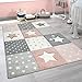 Paco Home Alfombra Infantil Moderna Pastel Cuadros Estrellas Lunares Diseño En Rosa Gris, tamaño:80x150 cm