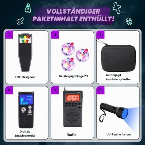 Professionelles 8-teiliges Geisterjagdausrüstungs-Set, Geisterjagd-Kit für paranormale Forschung, komplette Geisteruntersuchungsausrüstung mit EMF-Messgerät, Spirituosenbox und Rekorder