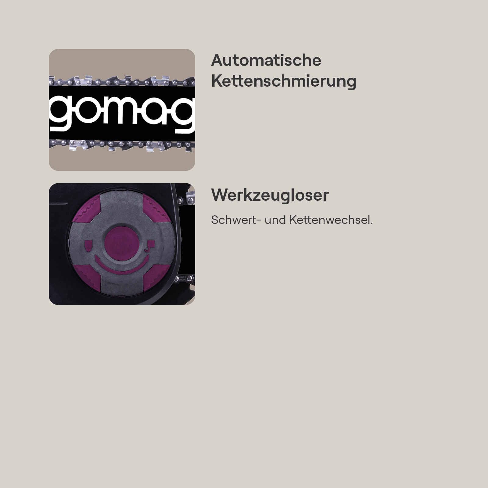 Gomag Akku-Kettensäge GO-KS355BLTwin Set L 20V brushless | 14‘‘ / 35cm ProCut-Schwert & -Kette | Schnittgeschwindigkeit 15 m/s | inkl. 2x 4Ah Akku + 2x 4,5A Ladegerät