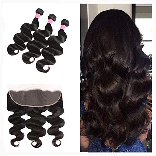 9A Peruvian Body Wave 3 Bundles with Ear to Ear Lace Frontal Closure,100% Virgin Human Hair Bundles with Lace Frontal Natural Color (16 18 20+16 Frontal)